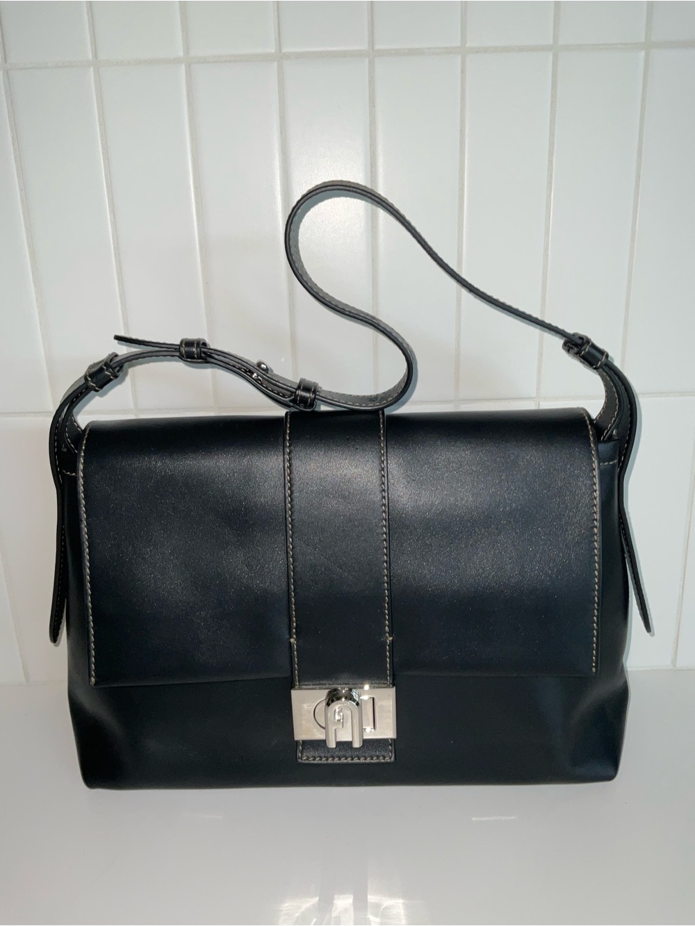 Furla Charlie Black Structured Shoulder Top-Handle Medium Bag